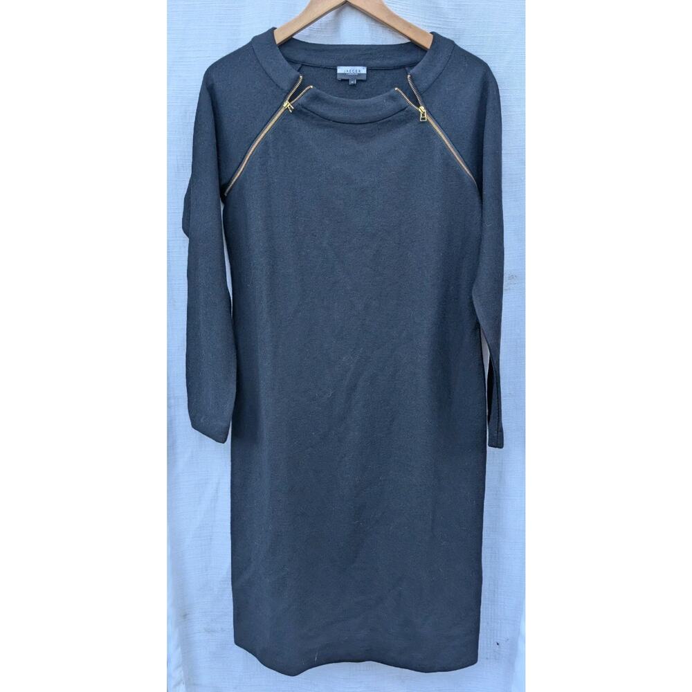 Jaeger London Womens Wool Shift Dress Sz M‎ LBD Little Black Dress Gold Zipper